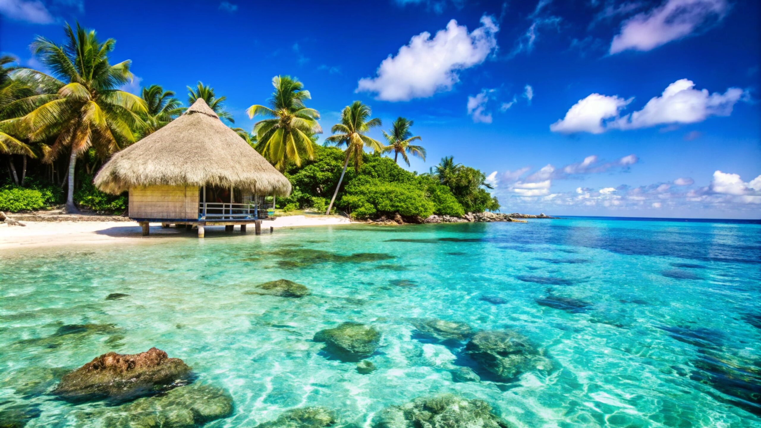 Tropical beach with a thatched hut, clear blue water, and palm trees.